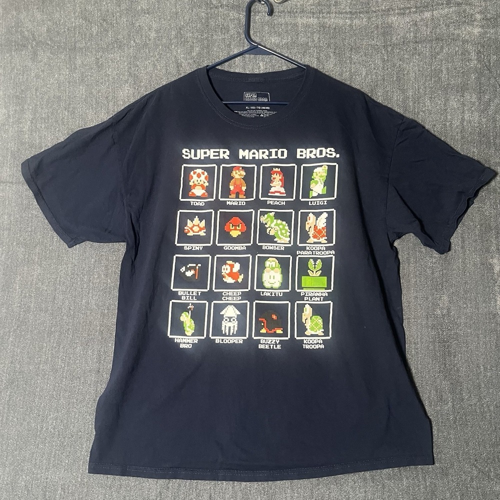 Nintendo Super Mario Bros Characters Pixel Grid Graphic T-Shirt Blue Men's XL